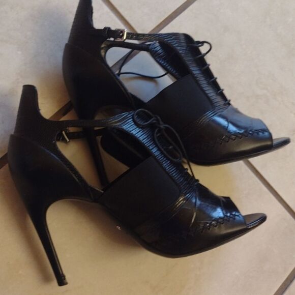 Dior black heel lace up peeptoe heeled leather bootie box stiletto Italy size 9 - Picture 3 of 14